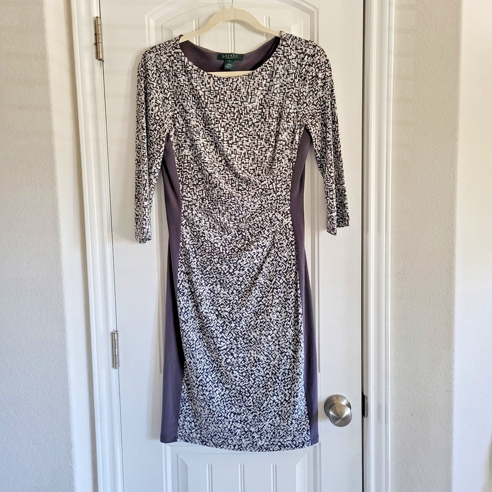 Lauren Ralph Lauren Sheath Dress Ruched Side Grey Print Lined Size 6